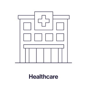 icon of a building with text saying "healthcare"