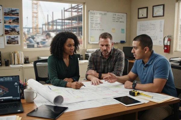 Three colleagues review building plans spread across a table in a construction office.